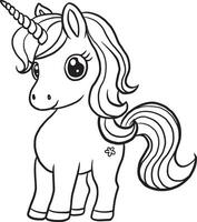 cheval Licorne kawaii dessin animé personnage mignonne lignes et couleurs coloration pages vecteur