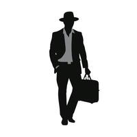 homme d'affaire silhouette en marchant avec mallette et chapeau vecteur