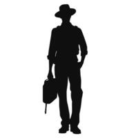 aventureux homme avec chapeau et sac silhouette vecteur