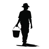 homme avec seau chapeau silhouette isolé vecteur