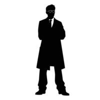 frontal silhouette de une élégant homme dans longue manteau et des lunettes vecteur