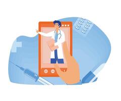 en ligne médicament et santé se soucier, médecin consultations et traitement en utilisant une téléphone intelligent, l'Internet connecté hôpital. plat moderne illustration vecteur