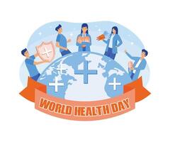 une groupe de diverse gens autour le monde de premier plan un actif en bonne santé mode de vie sur monde santé journée. plat moderne illustration vecteur