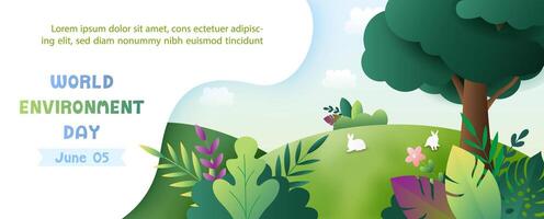 illustration affiche campagne de monde environnement avec la nature les plantes dans papier Couper style et conception. vecteur