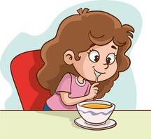 illustration de peu fille en mangeant soupe. vecteur