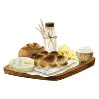 aquarelle laitier ferme pique-nique avec Lait bouteille, oreilles de blé, Frais pain, Camembert, chalet fromage sur en bois table vecteur