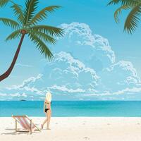 tropical bleu mer avec plage, chaise et blond cheveux fille illustré . paysage marin avoir Vide espace. vecteur