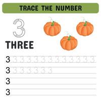 trace le nombre. tracé nombre avec citrouilles. éducatif Jeu pour Jardin d'enfants et enfants d'âge préscolaire. imprimable feuille. illustration vecteur