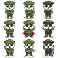 mignonne Panda soldat dans camouflage uniforme. dessin animé marrant Panda soldat personnage avec casque et vert uniforme dans différent positions. marrant animal illustration ensemble. vecteur