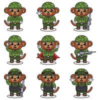 mignonne singe soldat dans camouflage uniforme. dessin animé marrant singe soldat personnage avec casque et vert uniforme dans différent positions. marrant animal illustration ensemble. vecteur