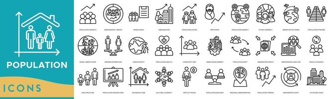 population icône ensemble. population croissance, démographique les tendances, recensement données, urbanisation, vieillissement population, naissance taux, population densité, ethnique diversité, migration motifs, population pyramide vecteur