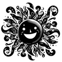 noir et blanc silhouette de une Soleil symbole avec une souriant content visage vecteur