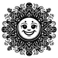 noir et blanc silhouette de une Soleil symbole avec une souriant content visage vecteur