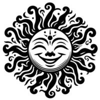 noir et blanc silhouette de une Soleil symbole avec une souriant content visage vecteur