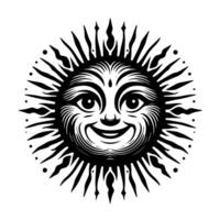 noir et blanc silhouette de une Soleil symbole avec une souriant content visage vecteur