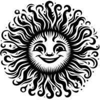 noir et blanc silhouette de une Soleil symbole avec une souriant content visage vecteur