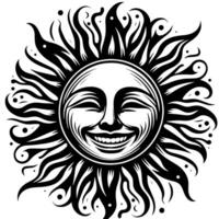 noir et blanc silhouette de une Soleil symbole avec une souriant content visage vecteur