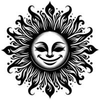 noir et blanc silhouette de une Soleil symbole avec une souriant content visage vecteur