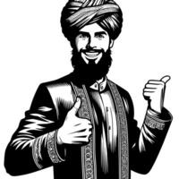 noir et blanc silhouette de une musulman gars souriant et en portant les pouces en haut vecteur