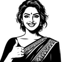 noir et blanc silhouette de une groupe de une femelle Indien femme en portant les pouces en haut dans une décontractée tenue sari vecteur