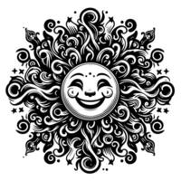 noir et blanc silhouette de une Soleil symbole avec une souriant content visage vecteur