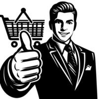 noir et blanc silhouette de une magasin directeur en portant les pouces en haut et souriant visage vecteur