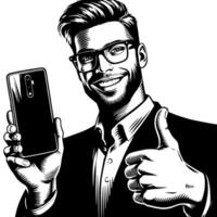 noir et blanc silhouette de une Indien gars avec une téléphone intelligent et les pouces en haut vecteur