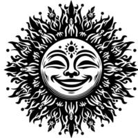 noir et blanc silhouette de une Soleil symbole avec une souriant content visage vecteur