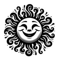 noir et blanc silhouette de une Soleil symbole avec une souriant content visage vecteur