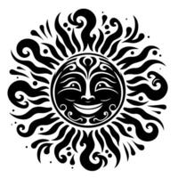 noir et blanc silhouette de une Soleil symbole avec une souriant content visage vecteur