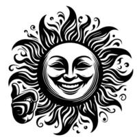 noir et blanc silhouette de une Soleil symbole avec une souriant content visage vecteur