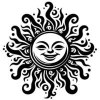 noir et blanc silhouette de une Soleil symbole avec une souriant content visage vecteur