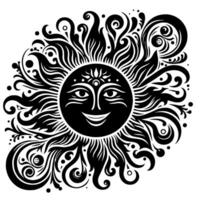 noir et blanc silhouette de une Soleil symbole avec une souriant content visage vecteur