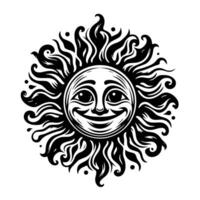 noir et blanc silhouette de une Soleil symbole avec une souriant content visage vecteur