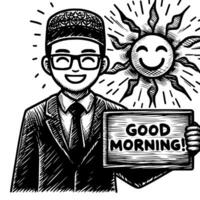 noir et blanc silhouette de une musulman gars en disant Bonjour et bien Matin vecteur
