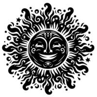 noir et blanc silhouette de une Soleil symbole avec une souriant content visage vecteur