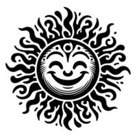 noir et blanc silhouette de une Soleil symbole avec une souriant content visage vecteur