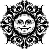 noir et blanc silhouette de une Soleil symbole avec une souriant content visage vecteur