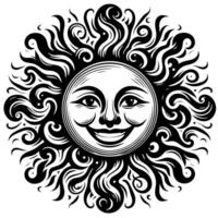 noir et blanc silhouette de une Soleil symbole avec une souriant content visage vecteur