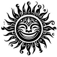 noir et blanc silhouette de une Soleil symbole avec une souriant content visage vecteur