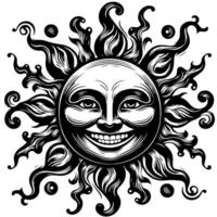 noir et blanc silhouette de une Soleil symbole avec une souriant content visage vecteur