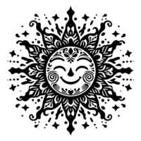 noir et blanc silhouette de une Soleil symbole avec une souriant content visage vecteur