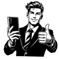 noir et blanc silhouette de une Indien gars avec une téléphone intelligent et les pouces en haut vecteur