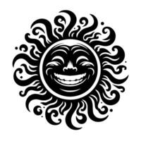 noir et blanc silhouette de une Soleil symbole avec une souriant content visage vecteur