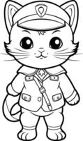 noir et blanc dessin animé illustration de mignonne chat capitaine personnage coloration livre vecteur