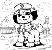 noir et blanc dessin animé illustration de mignonne chiot marin ou police chien pour coloration livre vecteur