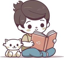garçon en train de lire une livre avec chat. mignonne dessin animé illustration. vecteur