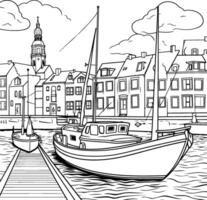 Copenhague paysage urbain avec bateaux. main tiré illustration. vecteur