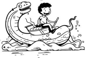 dessin animé illustration de une homme équitation une dragon bateau sur le mer. vecteur