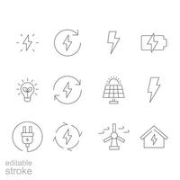 énergie icône ensemble. Facile contour style. électrique, pouvoir, sauvegarder, solaire panneau, batterie, lumière, charge, vent turbine, vert énergie concept. mince ligne symbole. isolé. modifiable accident vasculaire cérébral. vecteur